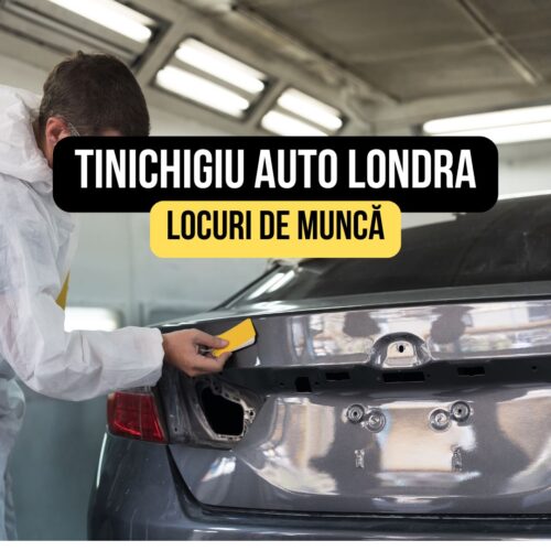 Un tinichigiu auto lucrând la o caroserie de mașină într-un atelier, simbolizând un anunț de angajare pentru tinichigiu auto cu experiență în NW Londra.