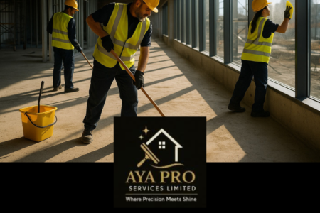 O echipă de curățenie profesională, cu logo-ul AYA PRO SERVICES LIMITED, simbolizând un anunț de angajare pentru personal de curățenie și subcontractori în Leeds și West Yorkshire.