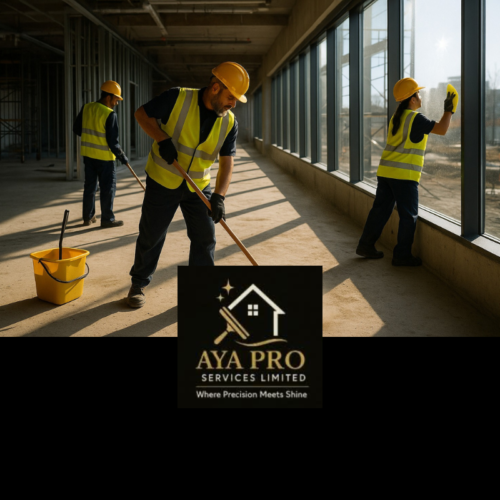 O echipă de curățenie profesională, cu logo-ul AYA PRO SERVICES LIMITED, simbolizând un anunț de angajare pentru personal de curățenie și subcontractori în Leeds și West Yorkshire.