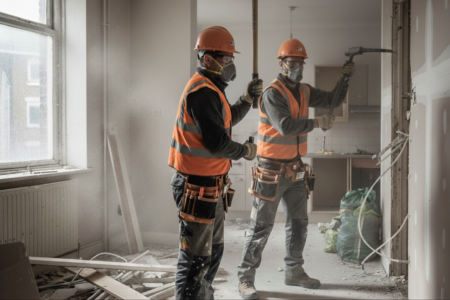 Doi muncitori români cu CSCS și echipament de protecție, efectuând demolări interioare pe un șantier din Londra.
