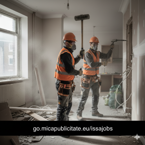 Doi muncitori români cu CSCS și echipament de protecție, efectuând demolări interioare pe un șantier din Londra.