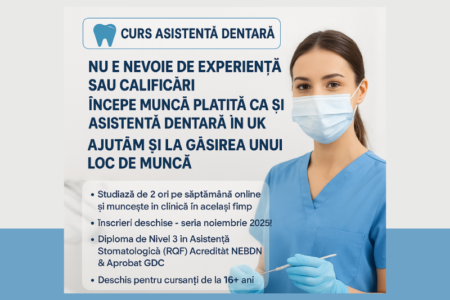 O asistentă dentară zâmbind, purtând mască, promovând un "CURS ASISTENTĂ DENTARĂ" ce nu necesită experiență sau calificări, pentru a începe o muncă plătită în UK.