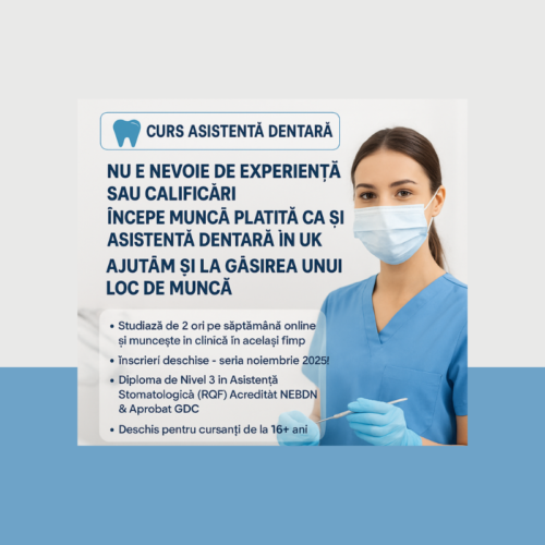 O asistentă dentară zâmbind, purtând mască, promovând un "CURS ASISTENTĂ DENTARĂ" ce nu necesită experiență sau calificări, pentru a începe o muncă plătită în UK.