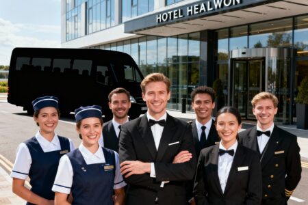 Personal hotelier zâmbind (cameriste, portari) în fața unui hotel modern, simbolizând angajări full-time și part-time în zona Heathrow, cu transport și cazare incluse.