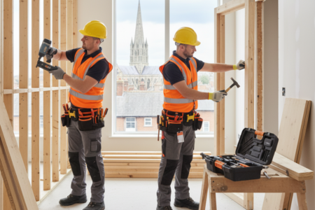 Doi dulgheri cu CSCS lucrând la un proiect de construcții în Canterbury, Anglia.