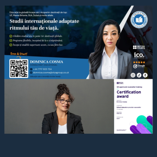 Domnica Cosma, Consultant Educațional, alături de un grup de studenți entuziaști, promovând accesul la cursuri universitare flexibile și finanțate integral în Marea Britanie prin OLYA LTD (certificat British Council).