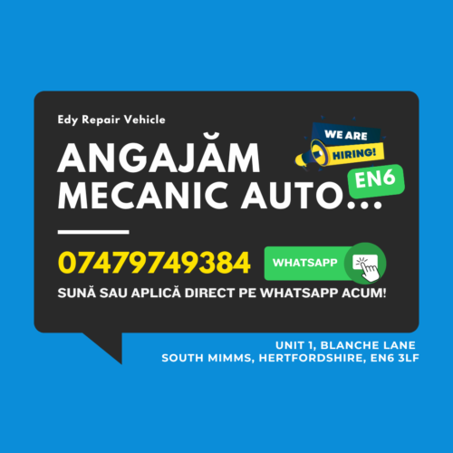 Mecanic auto profesionist efectuând reparații la motor într-un service din South Mimms, anunț angajare Edy Vehicle Repair.