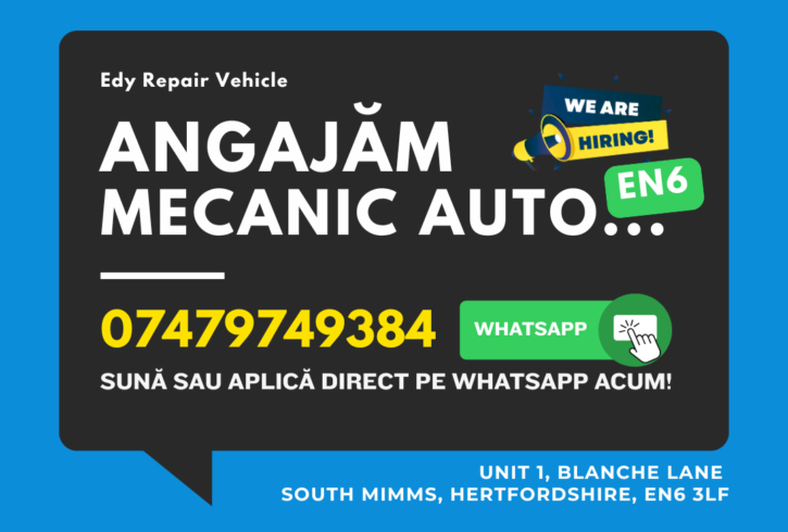 Mecanic auto profesionist efectuând reparații la motor într-un service din South Mimms, anunț angajare Edy Vehicle Repair.